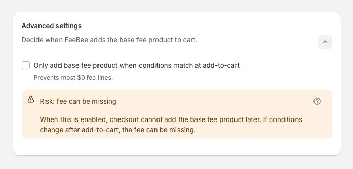 FeeBee advanced setting to add the base fee product only when conditions match