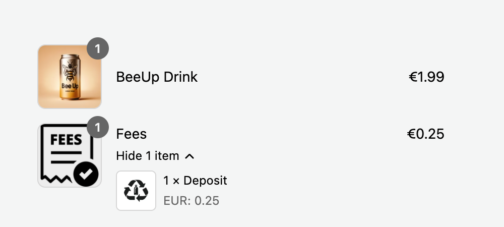Shopify checkout showing a drink and its deposit on separate checkout lines