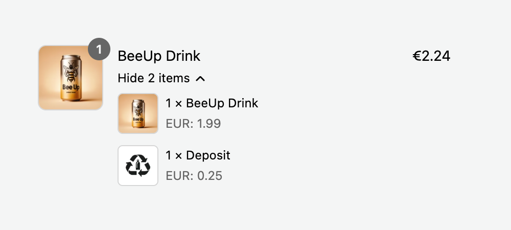 Shopify checkout showing a drink and its deposit grouped under the same product