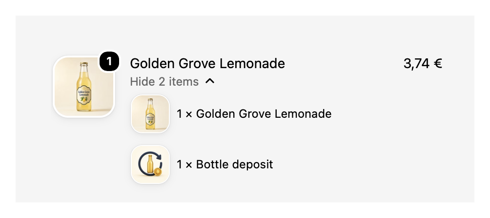 Shopify checkout showing a lemonade and bottle deposit without individual amounts