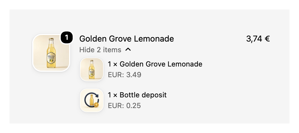 Shopify checkout showing individual amounts for a lemonade and bottle deposit