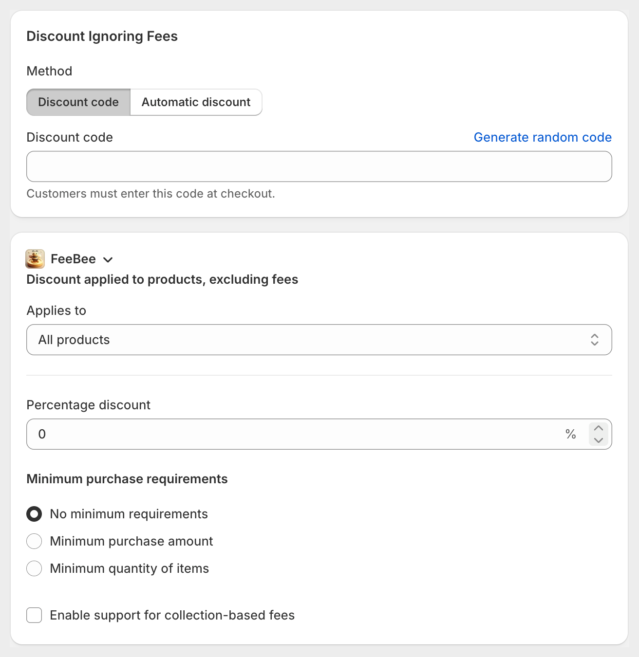 FeeBee discount settings for products, percentage, minimum purchase requirements, and collection-based fee support