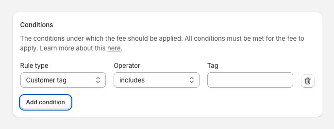 FeeBee condition row with Customer tag, includes operator, and Tag field