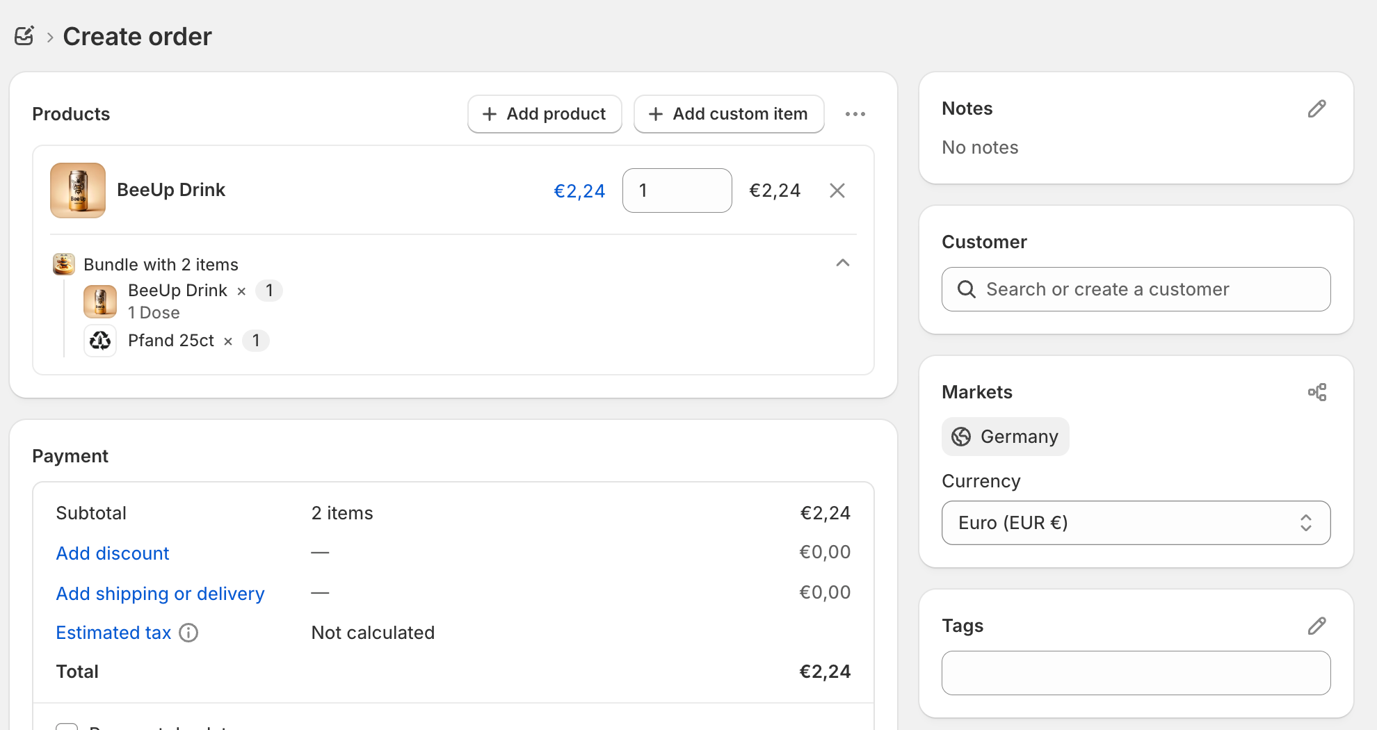 Shopify draft order with a bottle deposit bundled with BeeUp Drink