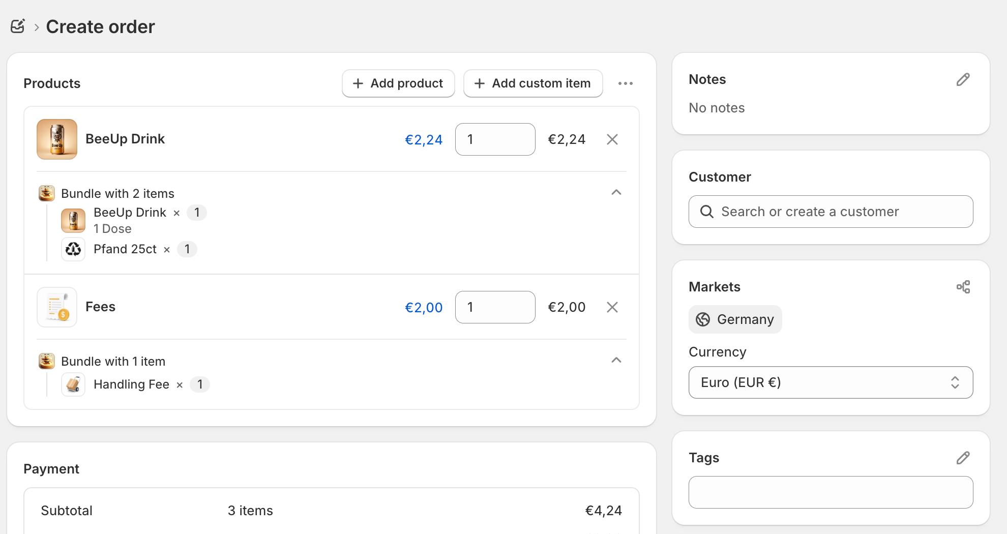 Shopify draft order with the Fees product and an automatically added Handling Fee