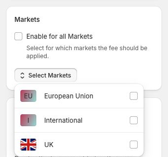 FeeBee Markets selector showing European Union, International, and UK markets