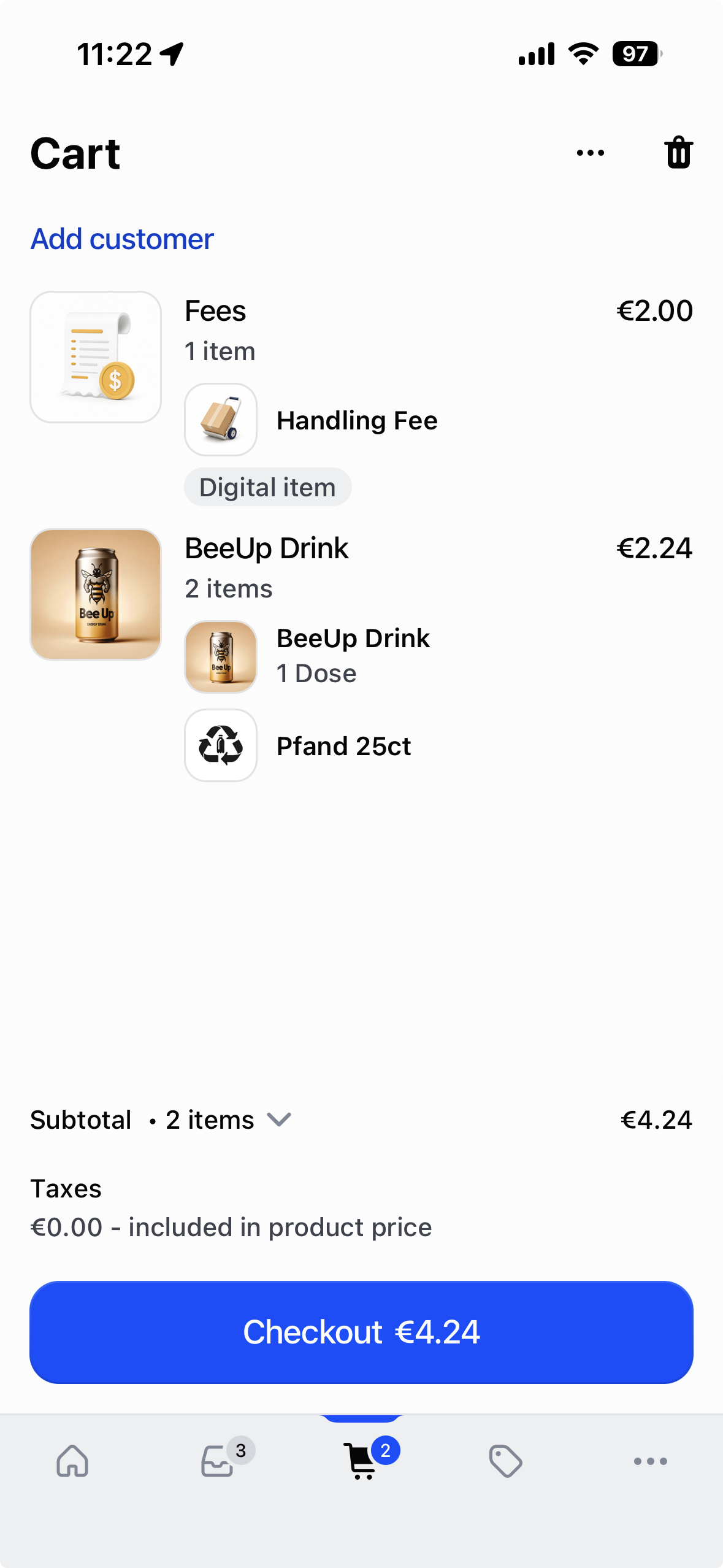 Shopify POS cart with a separate Handling Fee and a bottle deposit bundled with BeeUp Drink