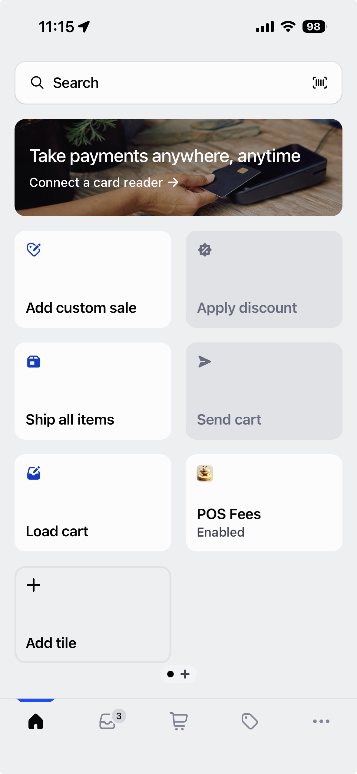 Shopify POS smart grid with the FeeBee POS Fees tile showing Enabled