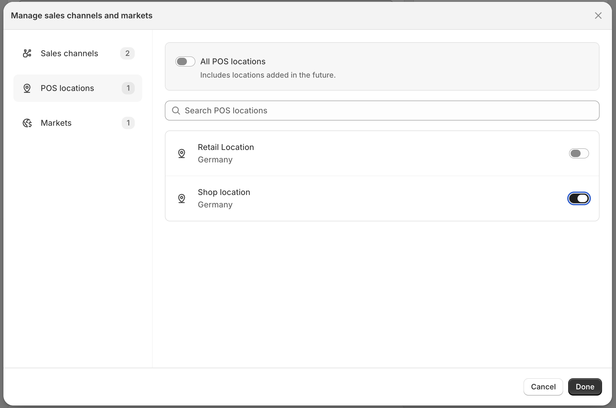 FeeBee POS locations panel with Shop location selected and Retail Location not selected
