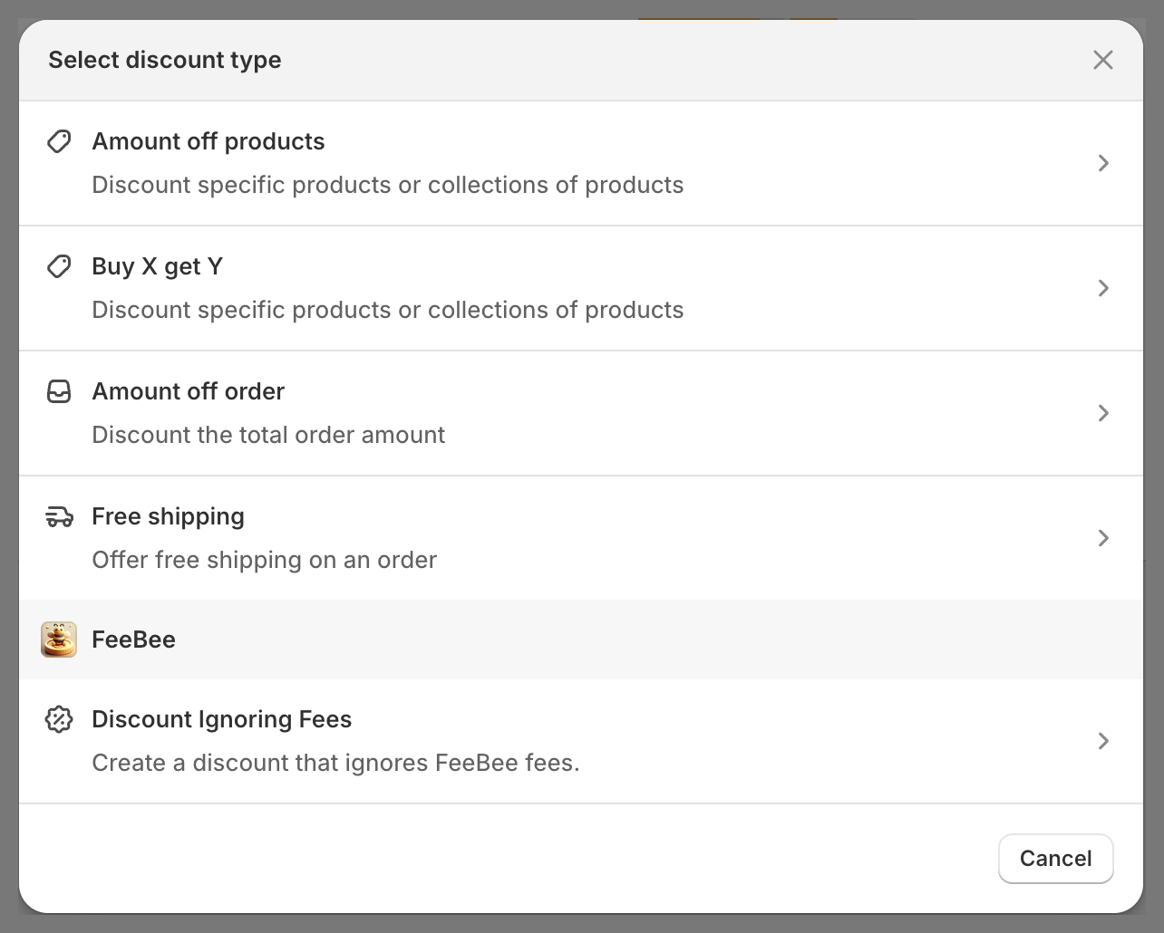 Shopify discount type dialog with Discount Ignoring Fees under FeeBee
