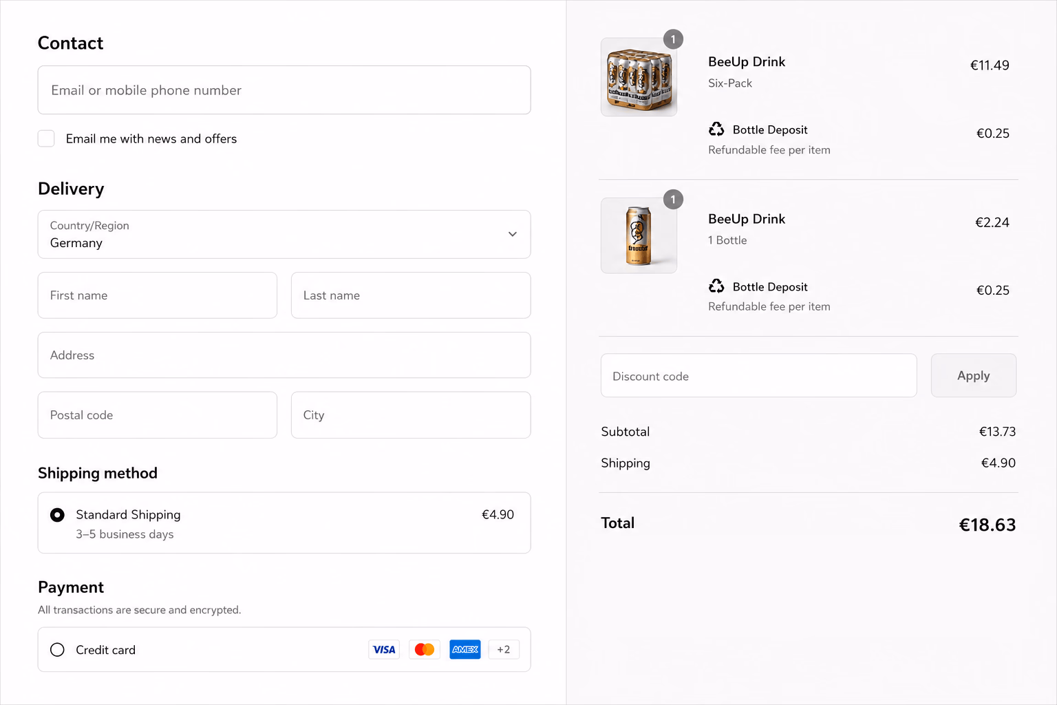 A bottle deposit fee itemized in the Shopify checkout