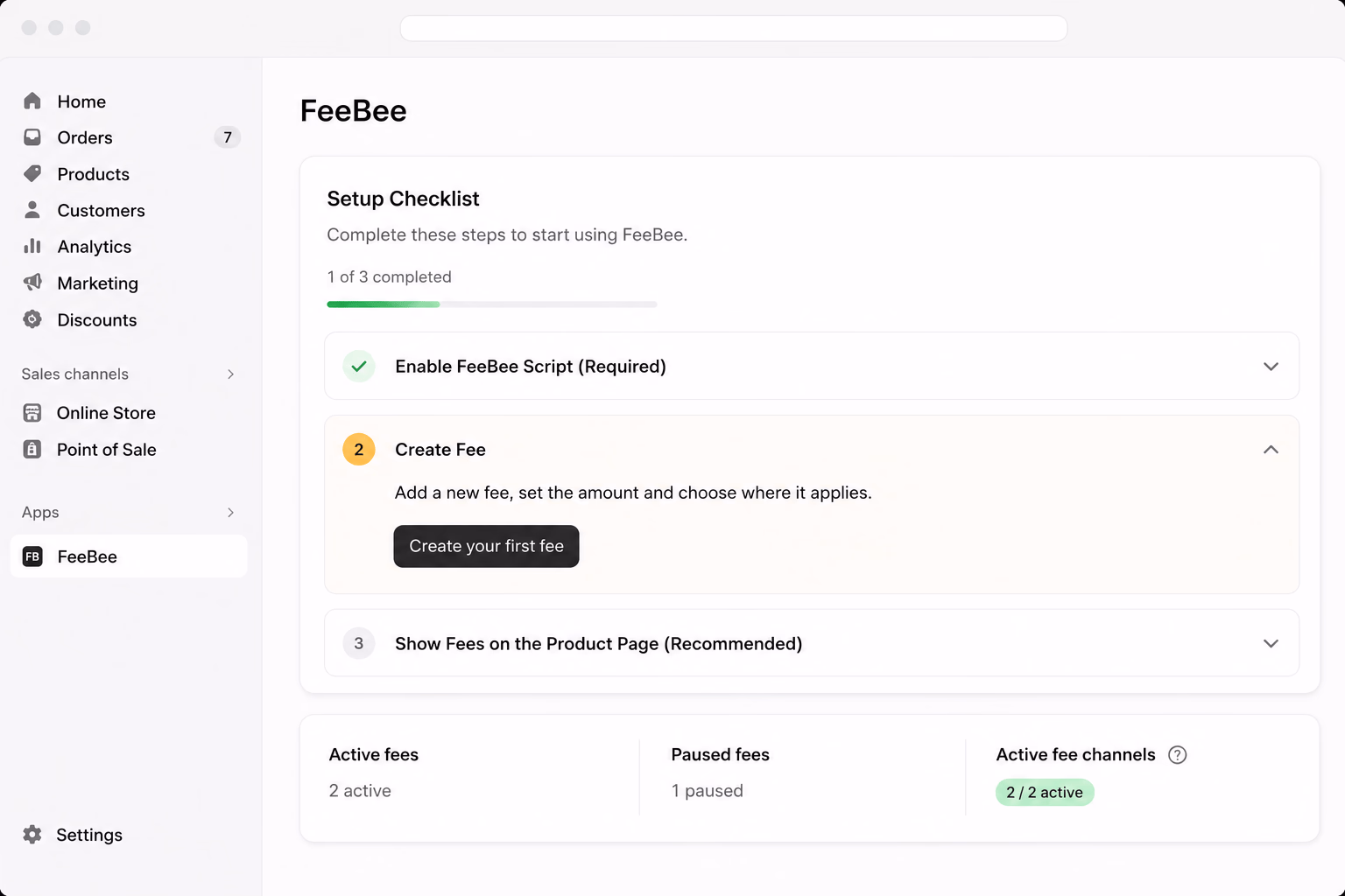 FeeBee setup guide in the Shopify admin